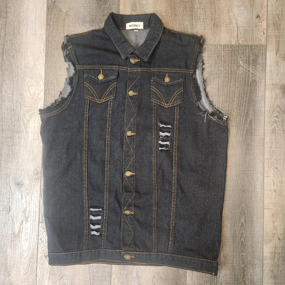 Nasky Denim Vest Mens XL Black Excellent Distressed Sleeveless Trucker Jacket